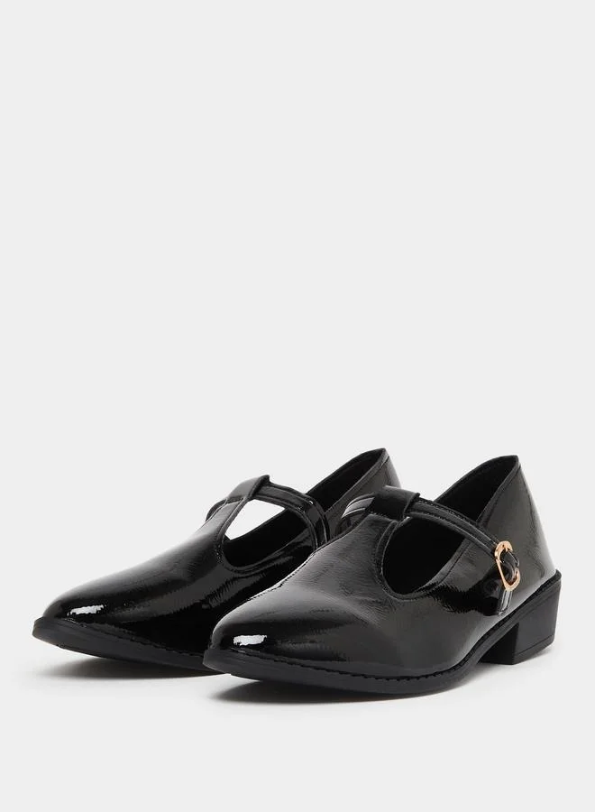 Take Two Solid Metal Buckle Chunky Heel Pointed Toe Shoes